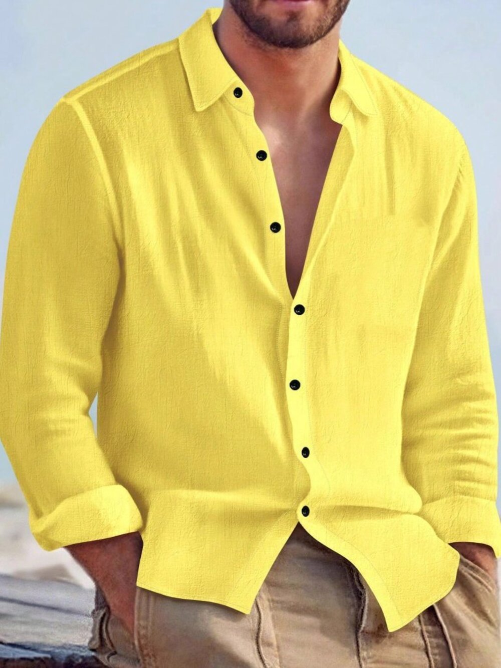 Yellow Regular Fit Men's Lightweight Plain Button Front Shirt Jacket
